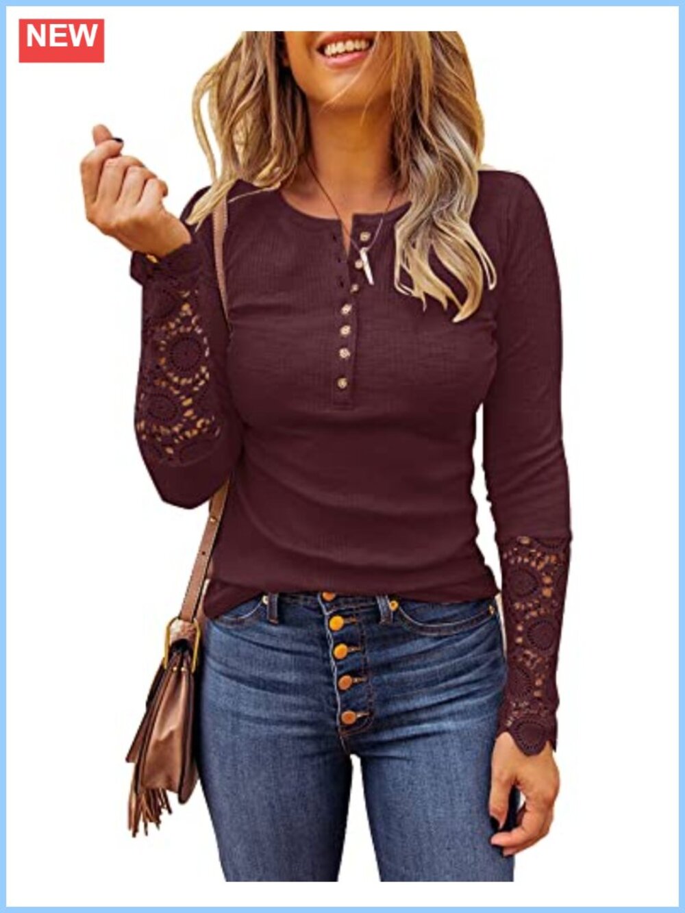 Limerose Women's Long Sleeve Lace Trim Ribbed Tunic Button Down Casual Blouse